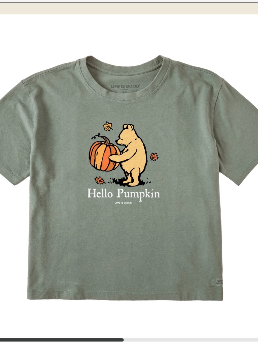 Life is Good Winnie Hello Pumpkin Short Sleeve Crusher Boxy Cropped Tee Moss XS